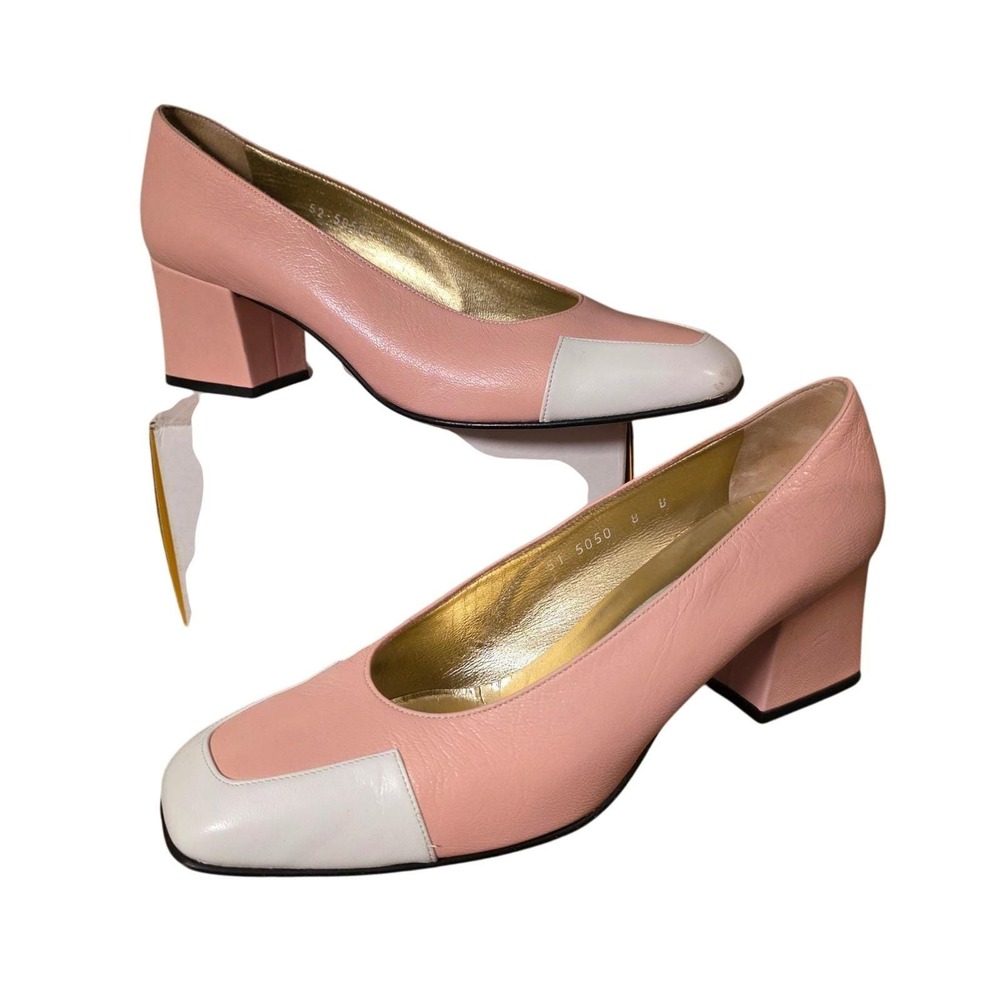 Escada Pink and White Leather Block Heel Pumps - Picture 3 of 7